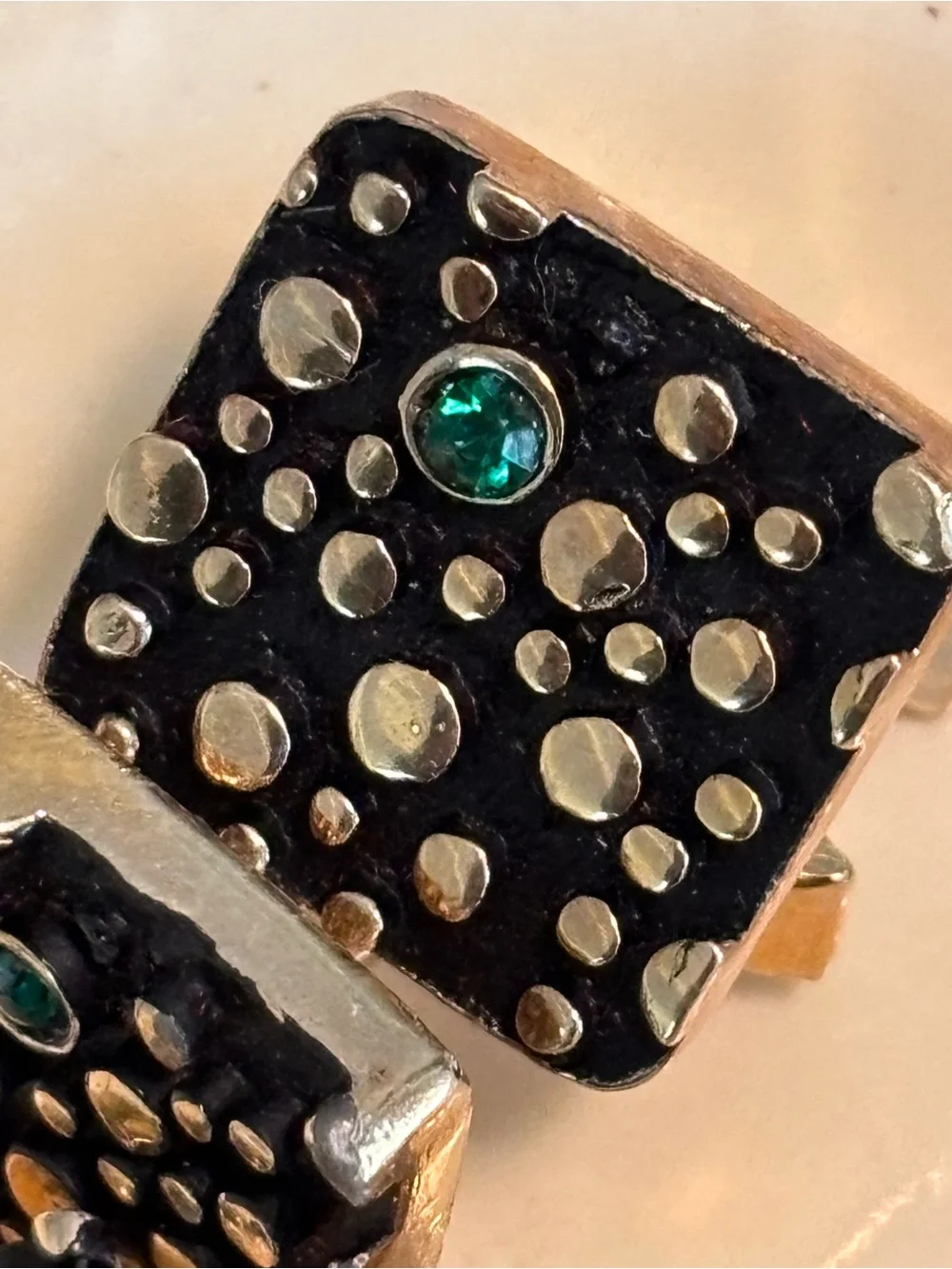 Vintage Collectible Square Cufflinks & Tie Bar with Green Accent Stones
